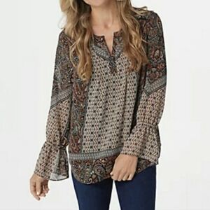 Belle by Kim Gravel Modern Mosaic Blouse Womens Size XL Brown Multi Paisley Boho